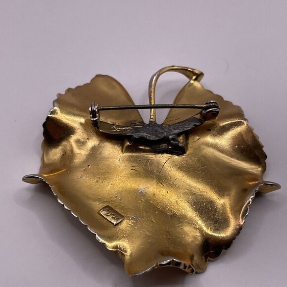 Coro Vintage Gold Tone Leaf Rhinestone Brooch and Screw Back Earring Set AL5.1 - Picture 7 of 16